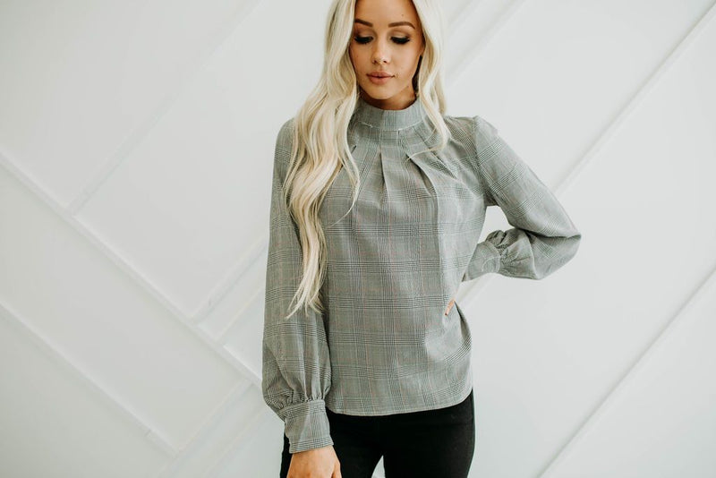 Plaid Pintuck Puff Sleeve Top - Mimic Apparel