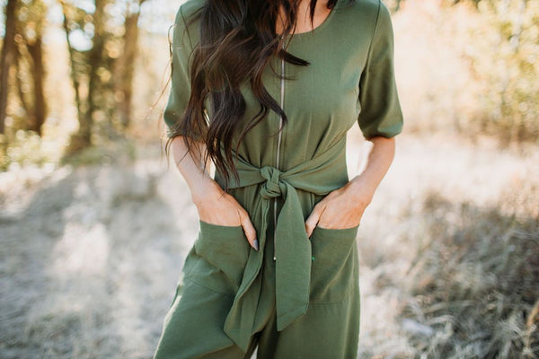 Olive Front Tie Jumpsuit - Mimic Apparel