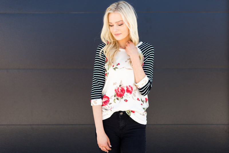 Floral and Stripe Raglan Tee - Mimic Apparel