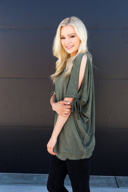 Army Green Cold Shoulder Tunic - Mimic Apparel