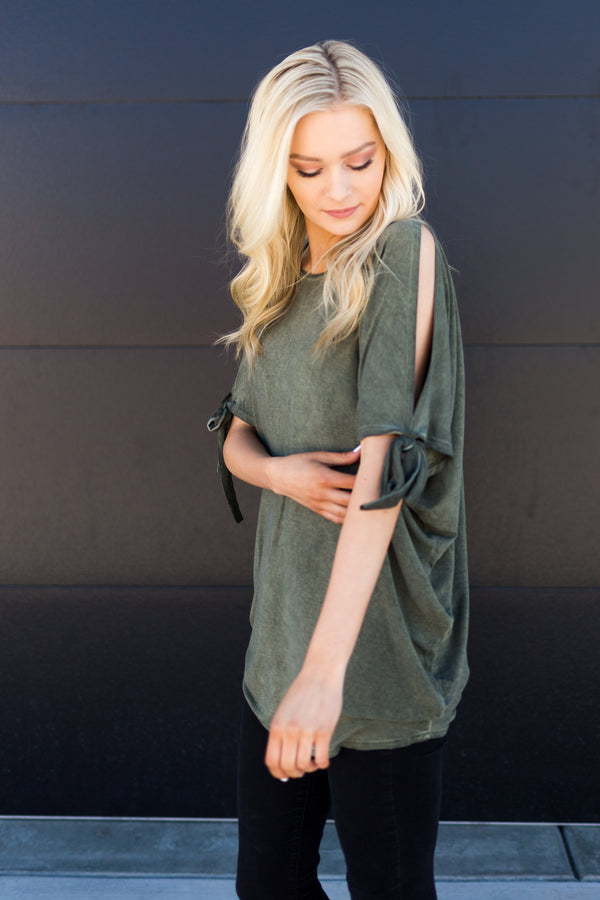 Army Green Cold Shoulder Tunic - Mimic Apparel