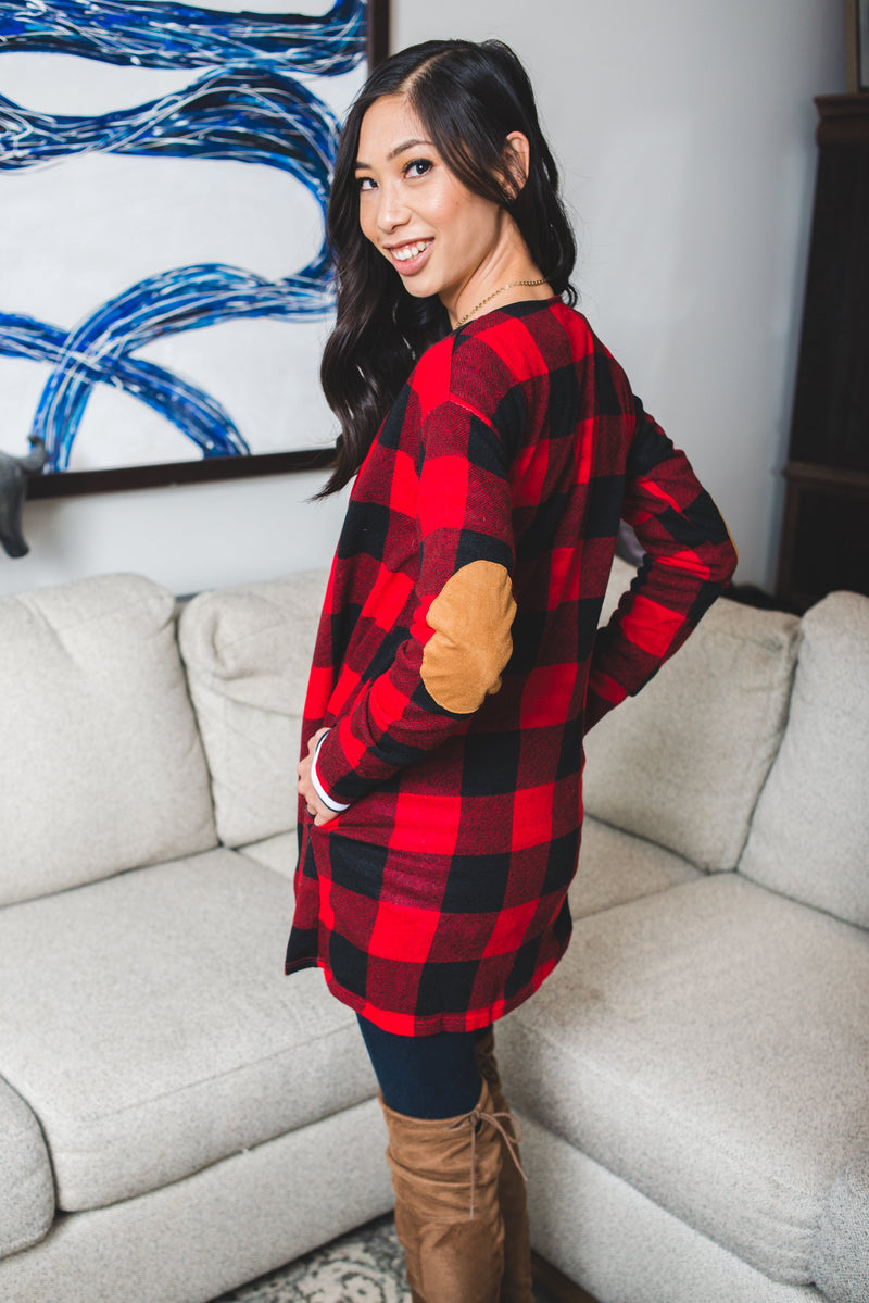Buffalo plaid cardigan with elbow patches store